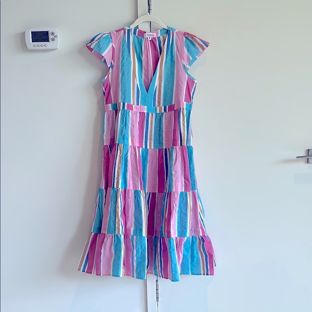 Lemlem Pink and Blue Midi Sundress with Flutter Sleeves Size Small